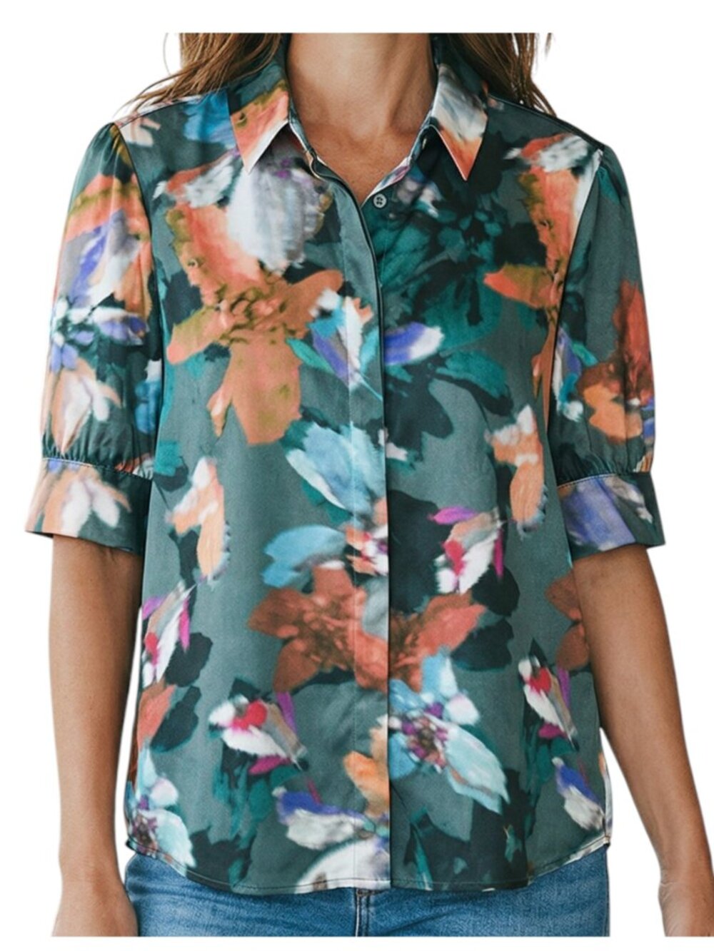 TYLER BOE Green Tan Blue Short Sleeve Button Front Collared Blouse-Size 10 - NWT